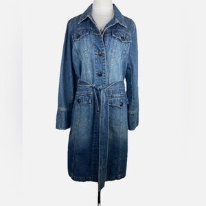 VTG WILLI SMITH Denim Jean Trench Jacket Size L Cotton Tie-Belt Medium Wash Coat